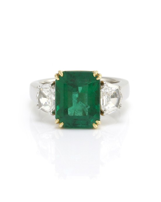 Emerald Cut Emerald with Trapezoid Shaped Diamonds in Platinum and Gold